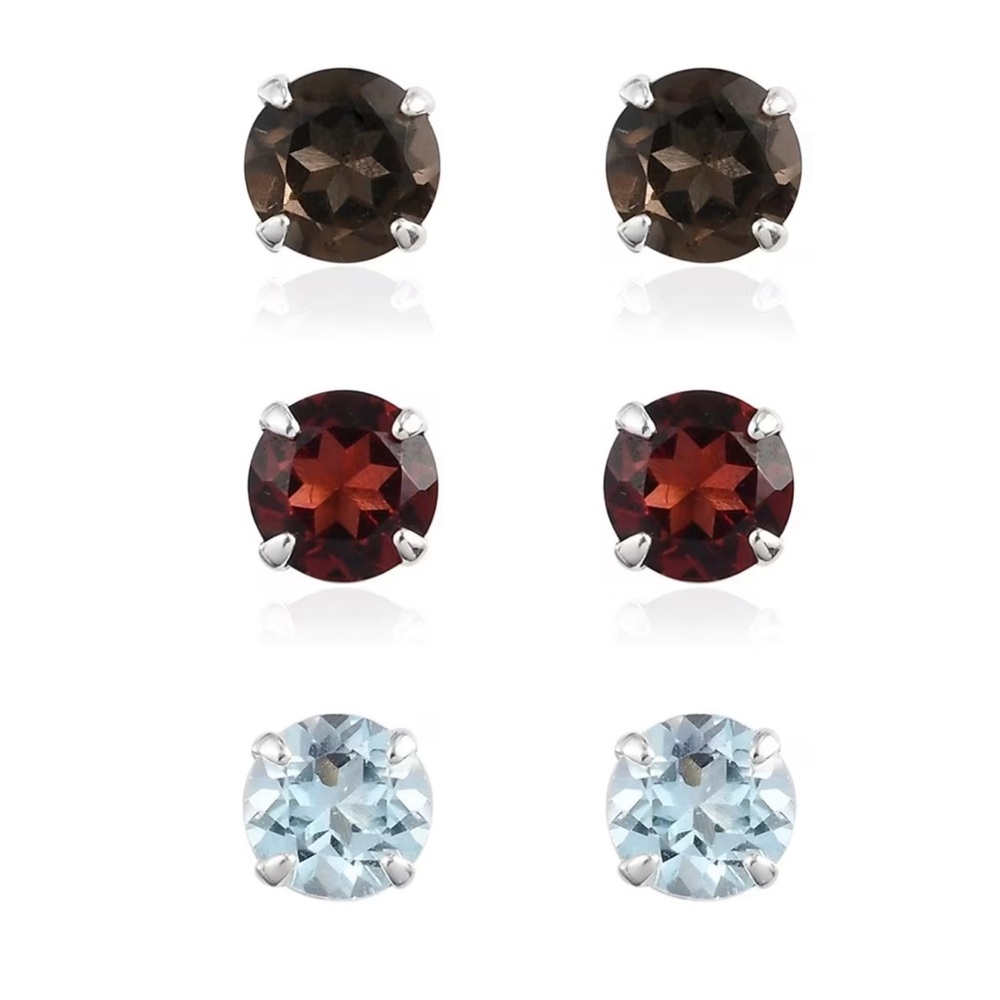 Brown Smoky Quartz, Mozambique Garnet, Sky Blue Topaz Stud Earrings